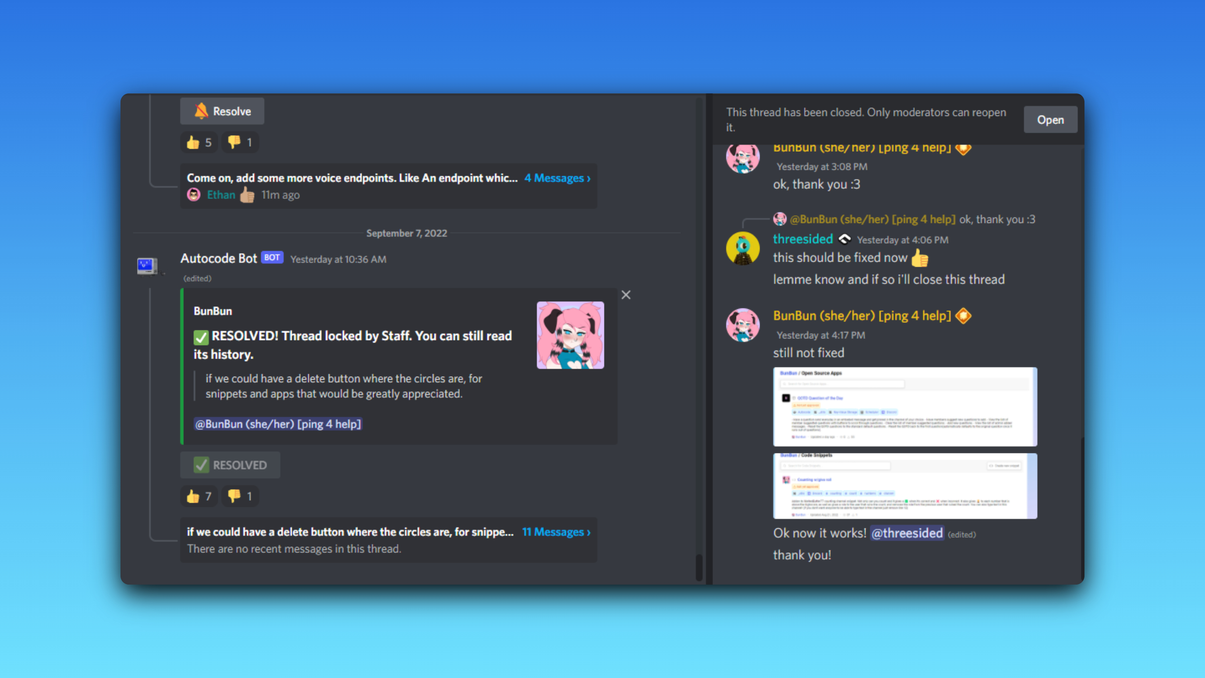 user report thread in Discord marked as resolved