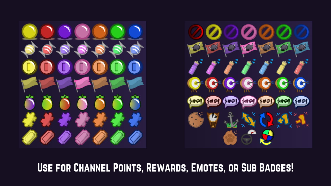 Preview of over 100 designs. Caption reads, "Use for Channel Points, Rewards, Emotes, or Sub Badges!"